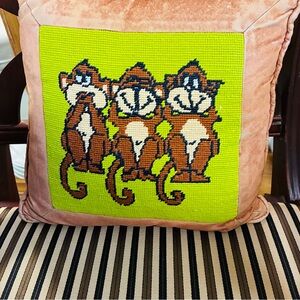 Vintage Needlepoint Monkeys Pillow